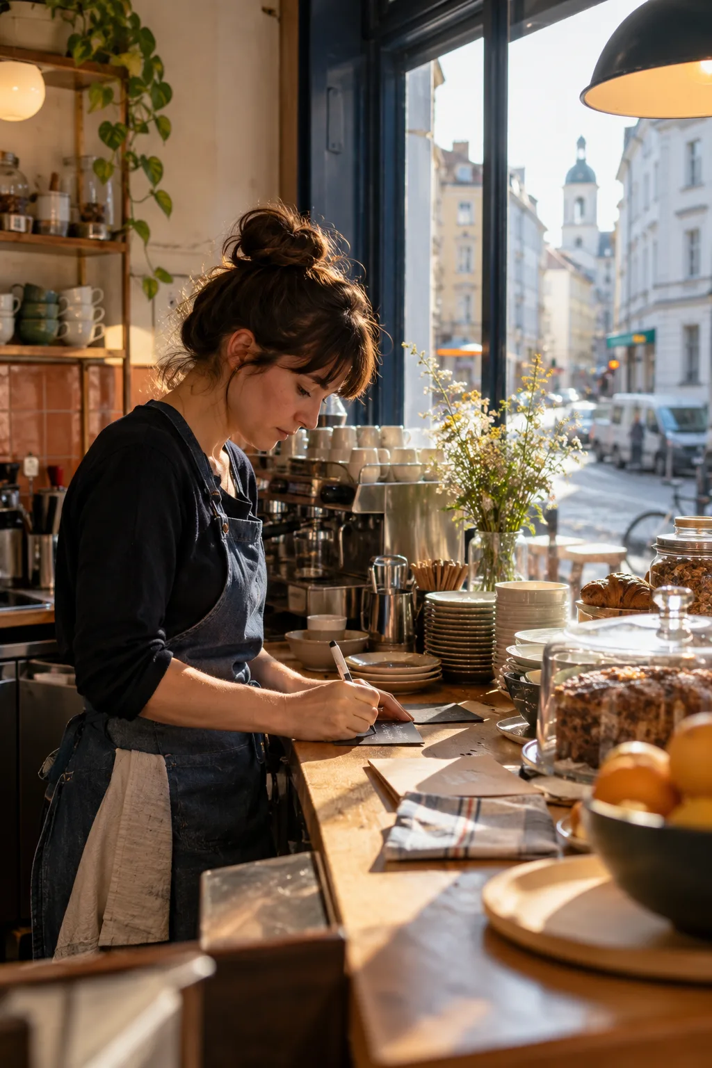 Caféinhaberin bereitet vor der Öffnung den Tagesbetrieb vor