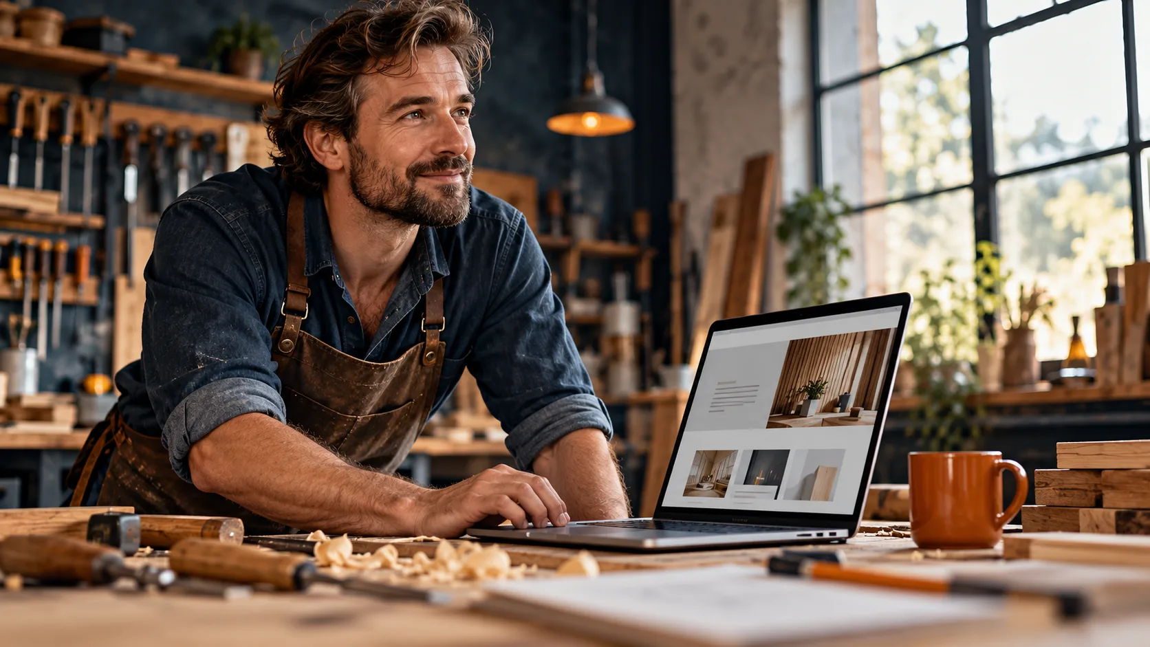 Selbstständiger Tischler prüft den Entwurf seiner Website in der Werkstatt