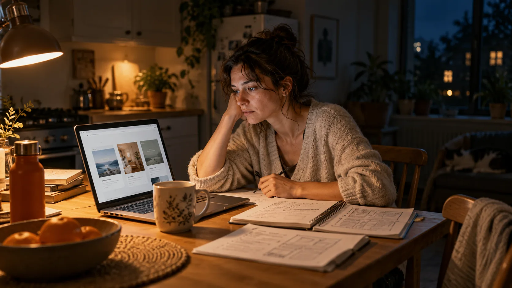 Selbstständige arbeitet abends an Website-Entwürfen am Küchentisch