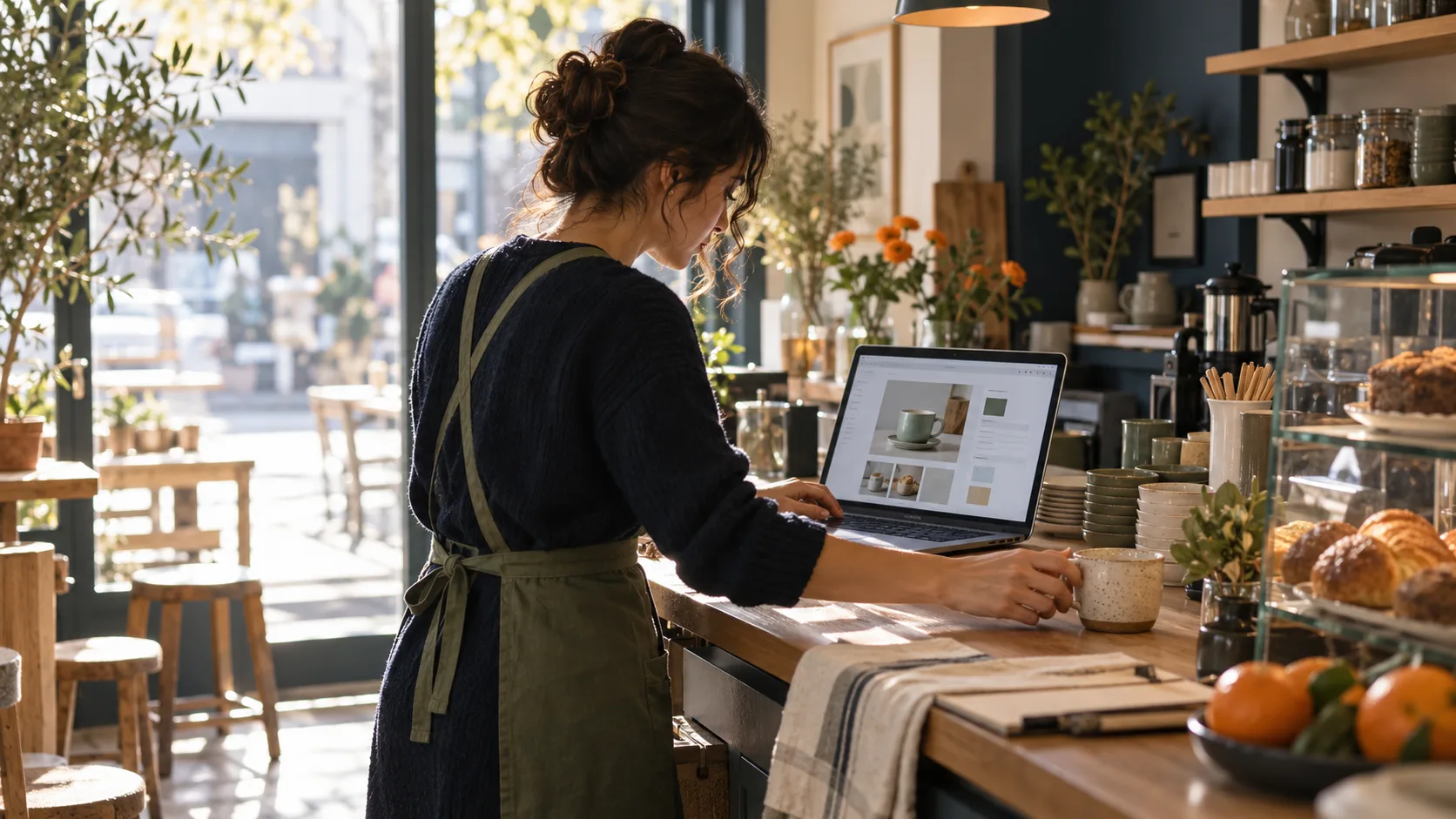 Kleinunternehmerin prüft ein neues Produktfoto am Laptop
