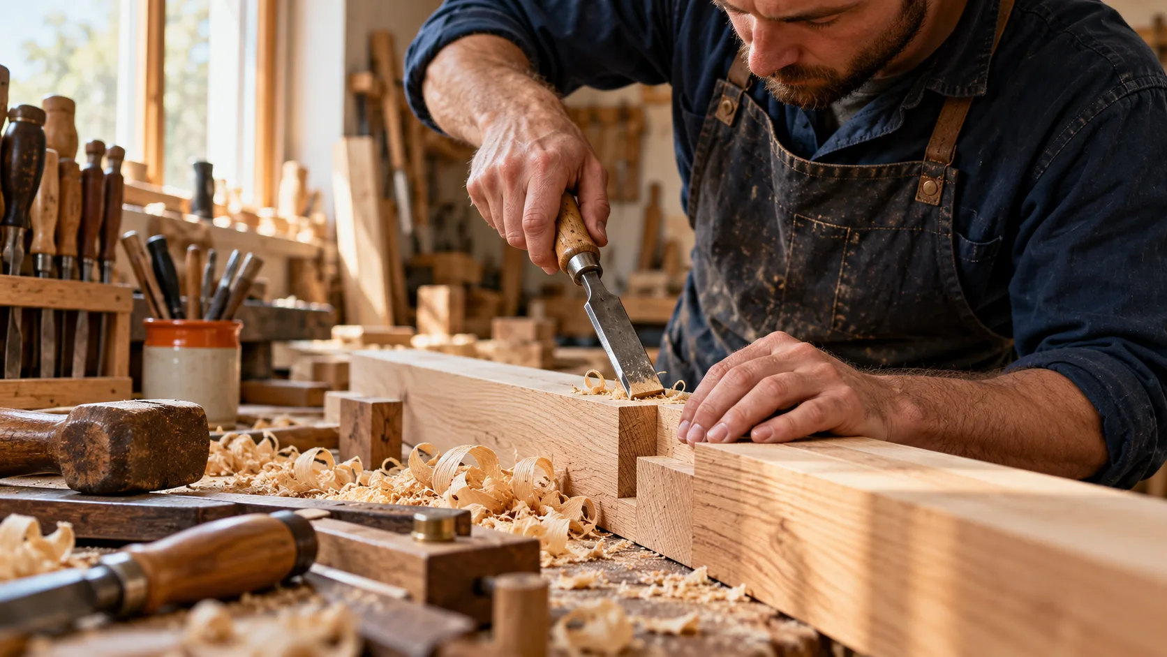Schreiner passt eine Holzverbindung an der Werkbank ein
