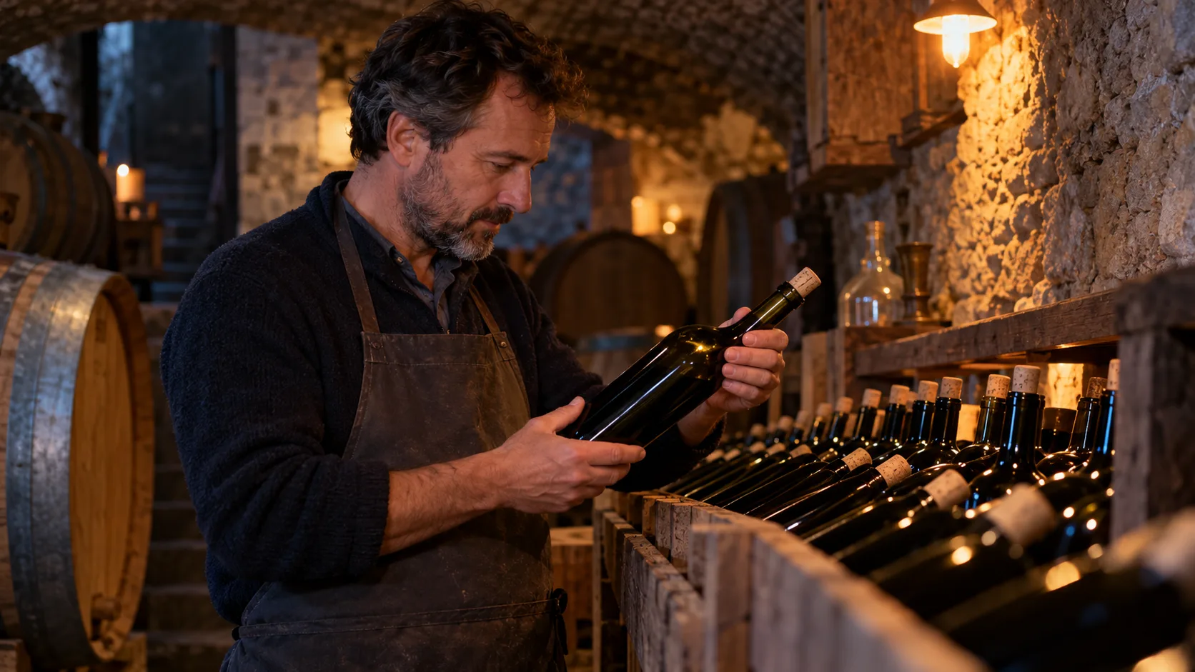 Weinbaubetrieb etikettiert Flaschen in einem kleinen Keller