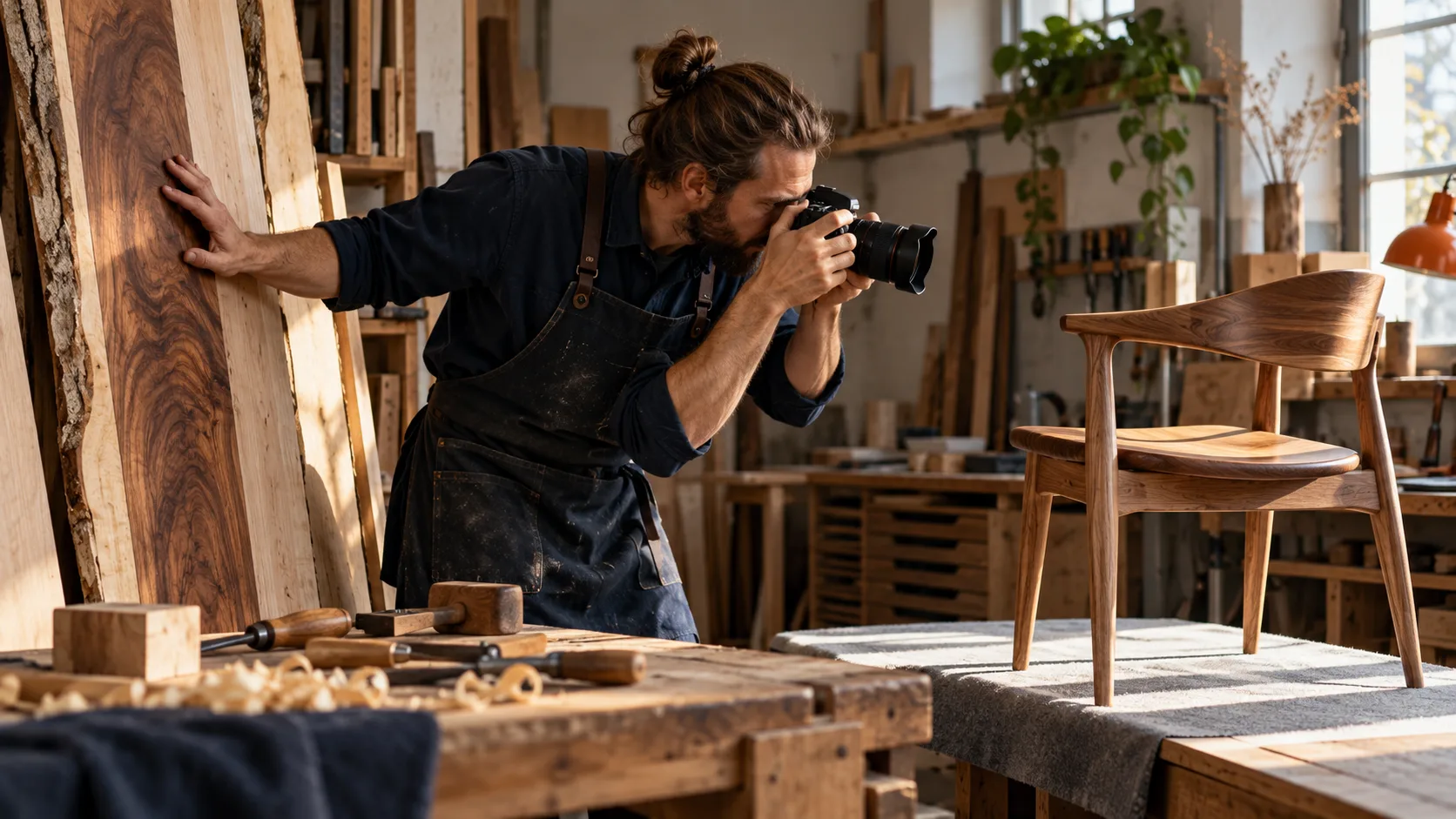 Tischler prüft Materialmuster und Websitebilder in seiner Werkstatt