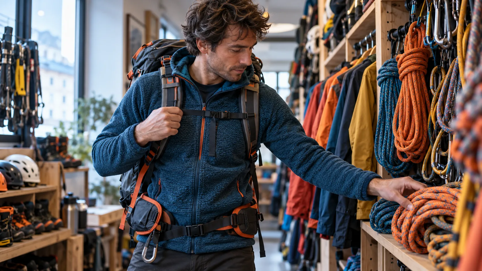 Outdoorhändler prüft Produktbilder und Ausrüstung im Lager