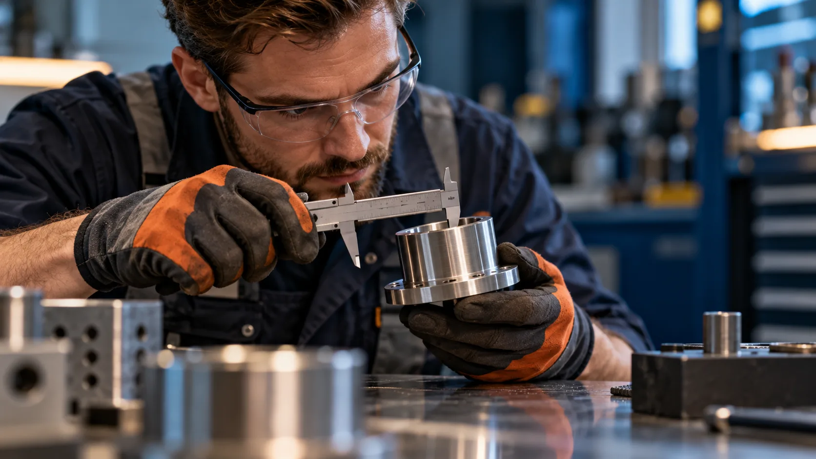 Metallfacharbeiter prüft eine Oberfläche mit Messwerkzeug