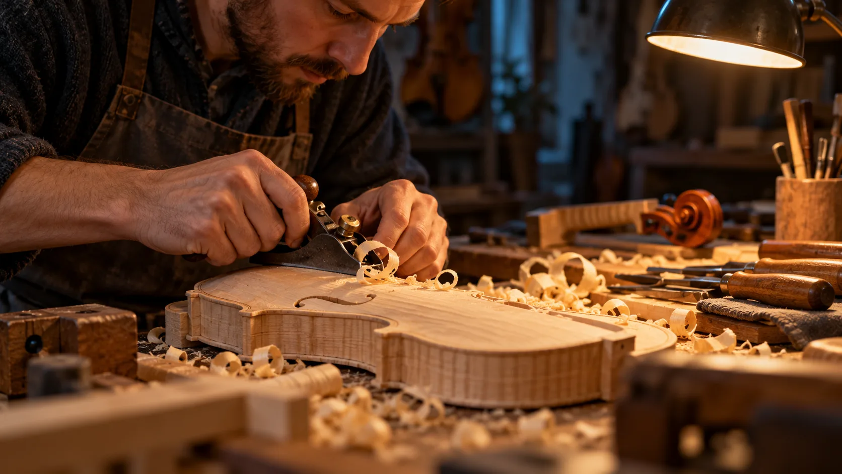 Instrumentenbauer bearbeitet ein Holzteil in einer kleinen Werkstatt