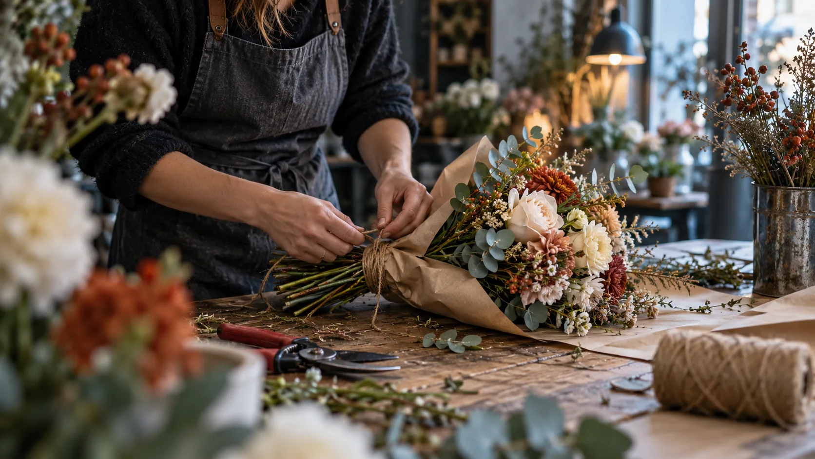 Florist bindet einen Strauß am Arbeitstisch