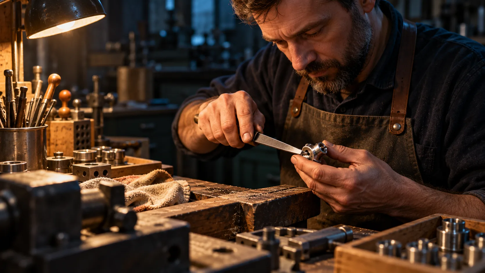 Werkzeugmacher schleift ein präzises Metallteil in der Werkstatt