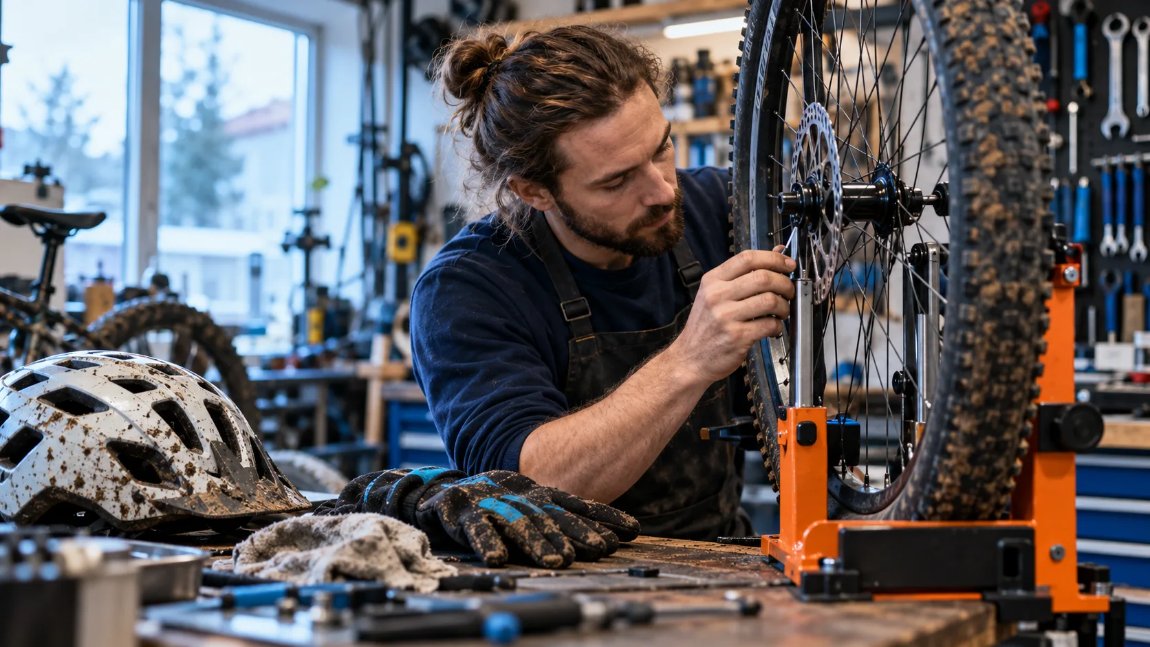 Fahrradmechaniker repariert ein Rad in seiner Werkstatt