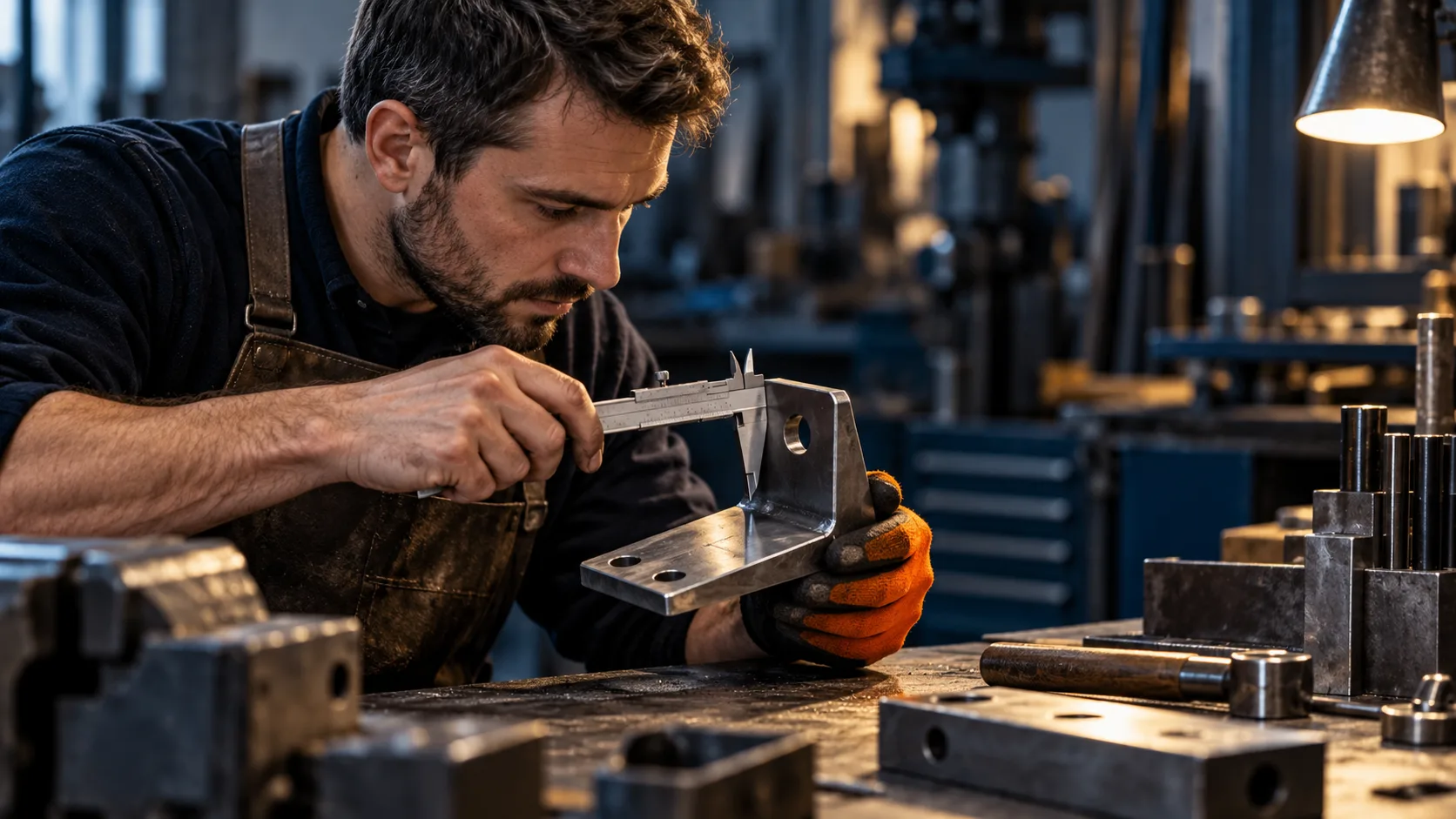 Metallbauer kontrolliert ein gefertigtes Bauteil in der Werkhalle