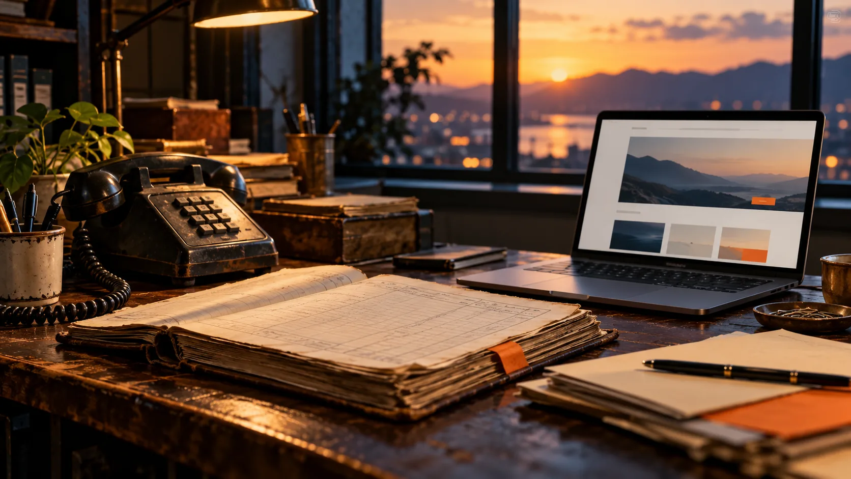Arbeitsplatz mit altem Telefon, Verkaufsbuch und modernem Websiteentwurf