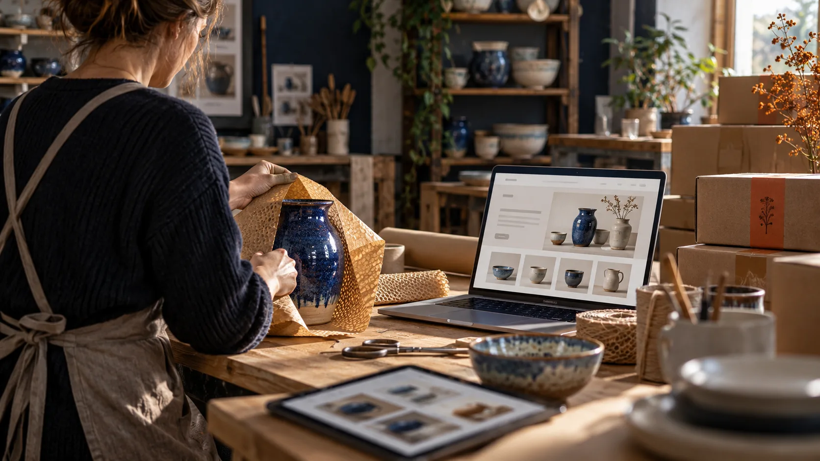 Kunsthandwerkerin verpackt ein Produkt für ihren Online-Shop